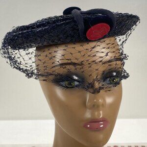 Vintage 60s USA Saucer Pillbox Black Straw Woven Veil Hat Unique Fun